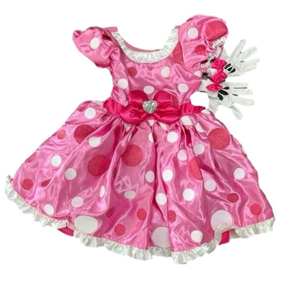 Disney Girl's Dress Minnie Mouse Pink Gloves Heart Bow Shimmer Polka Dots NWT - Picture 1 of 6